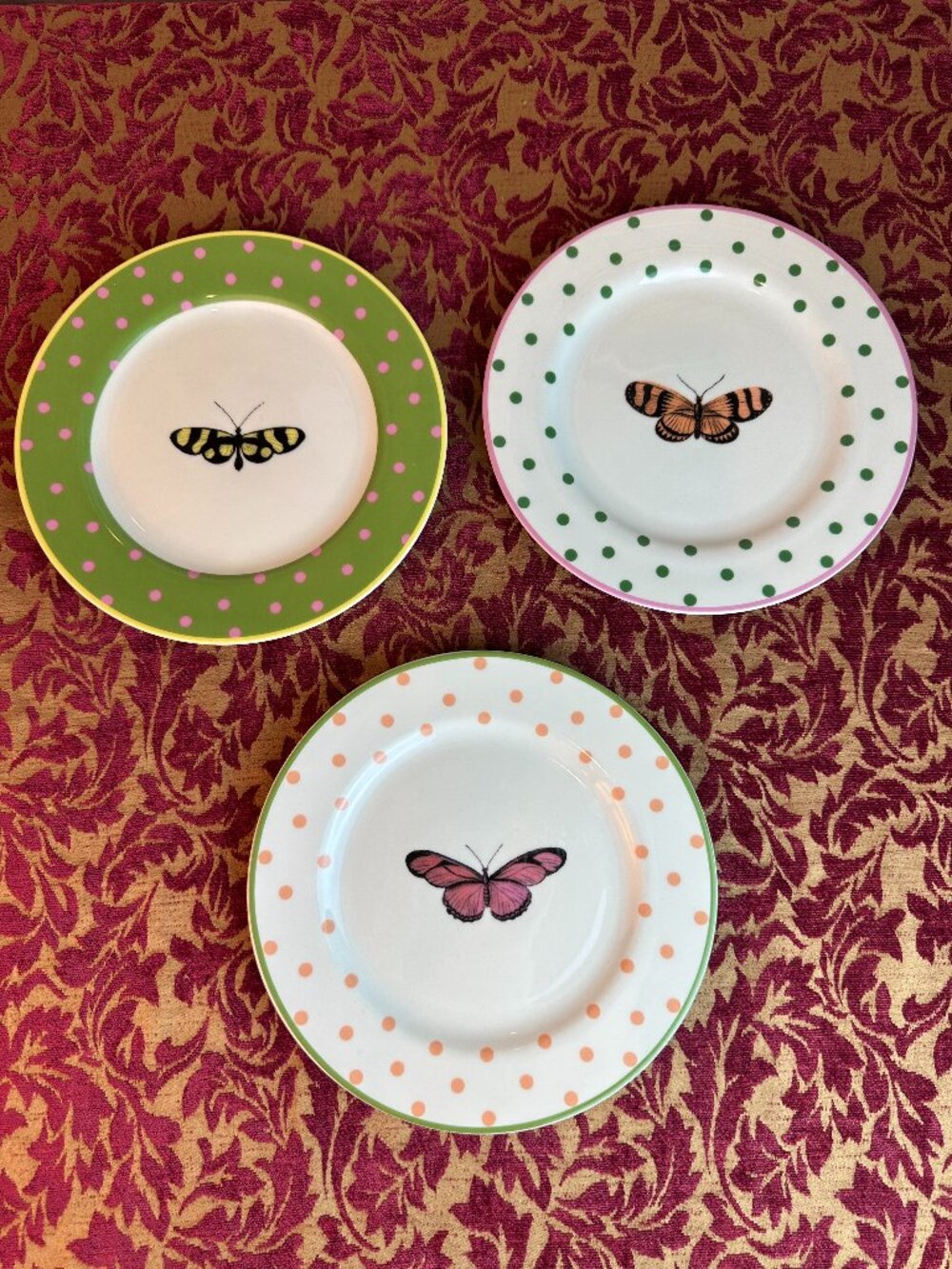 Vintage Anthropologie Polka Dots Butterfly 8.25" Dessert Plates Set of 3